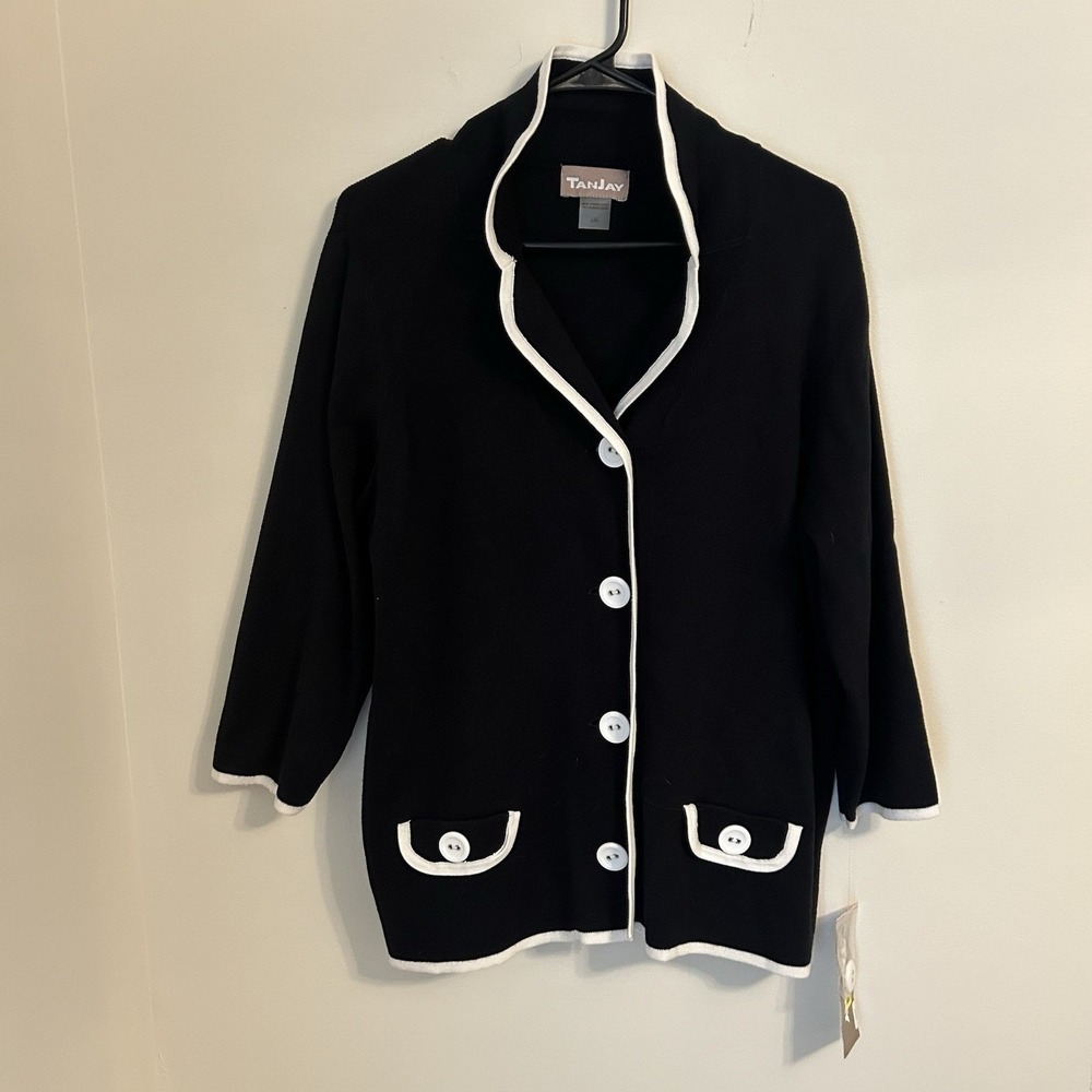 TanJay NWT Women's Black Knit Jacket Cardigan White Trim Button Front Size Large